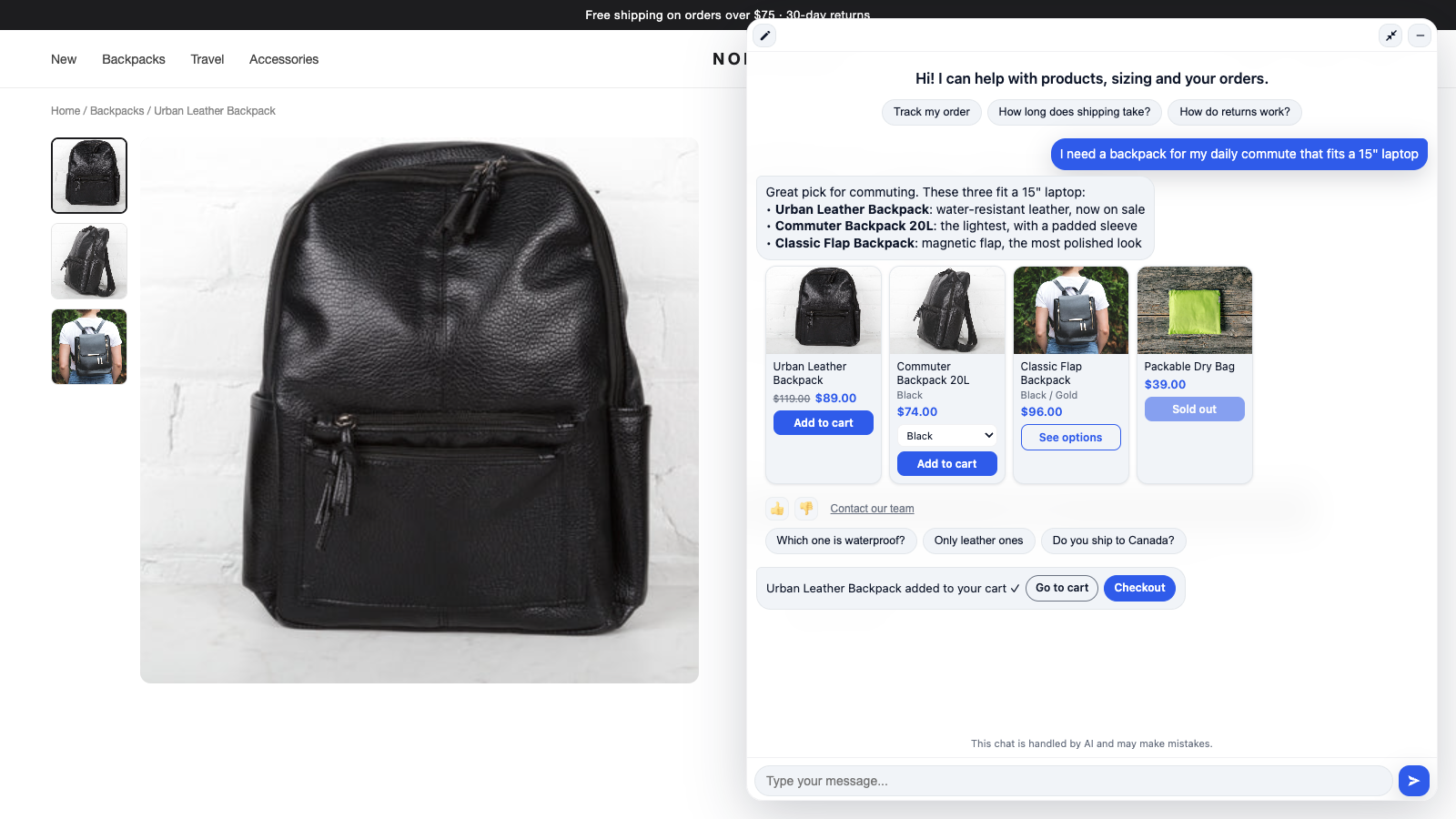 AI Sales Chatbot sohbetinde ürün önerisi ve sepete ekleme